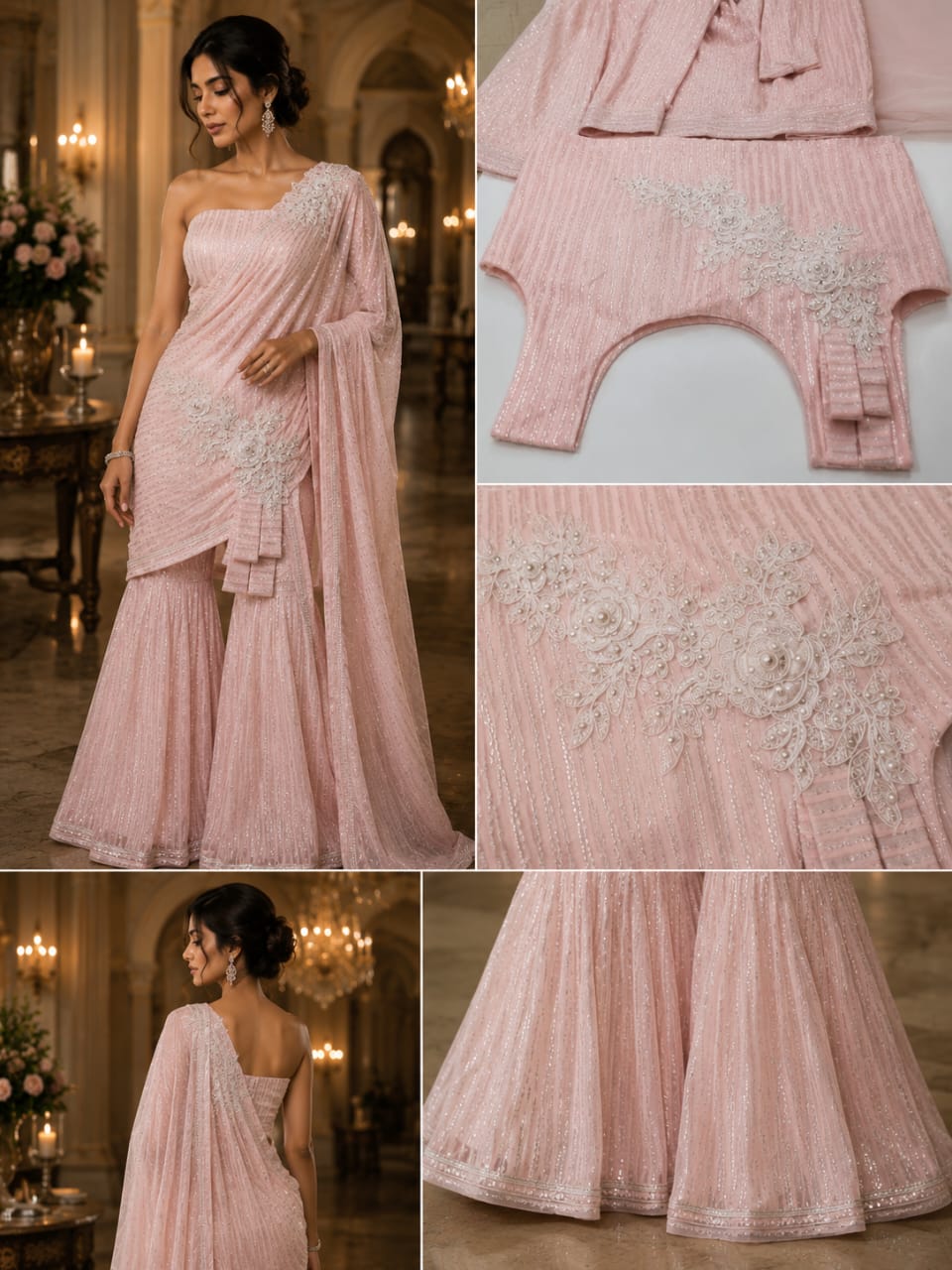 Blush Sequin Pre-Draped Saree & Sharara