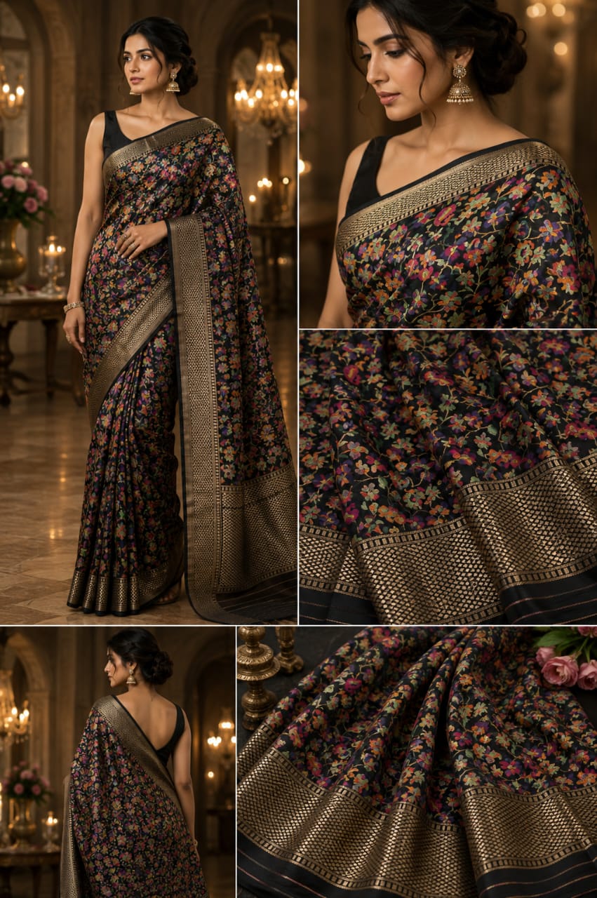 Black Floral Banarasi-Style Saree