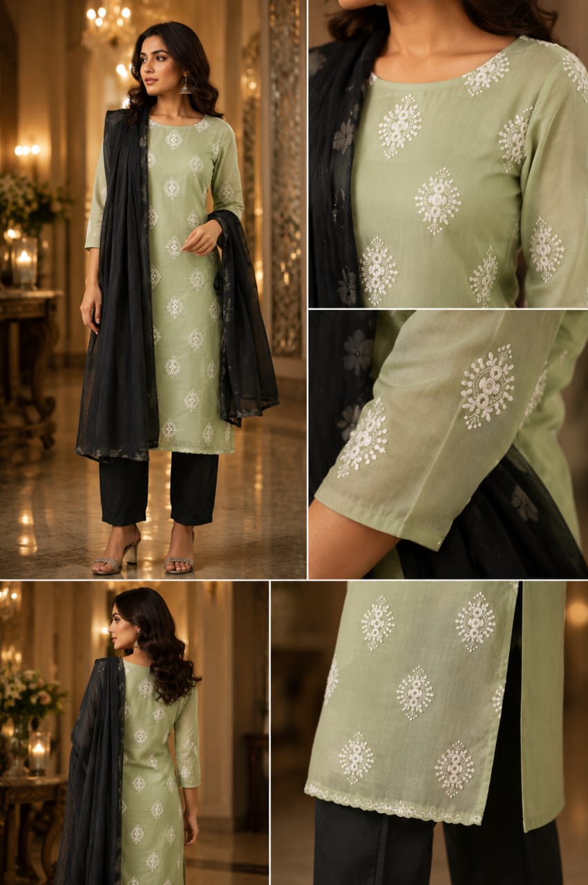 Sage green embroidered kurta set