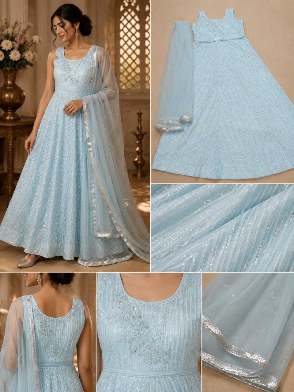 Ice Blue Glitter Gown with Dupatta
