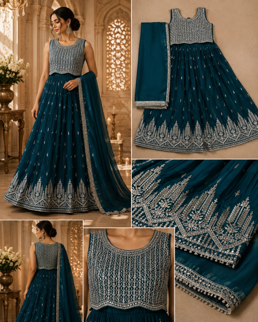 Teal Heavy Embroidered Gown Set